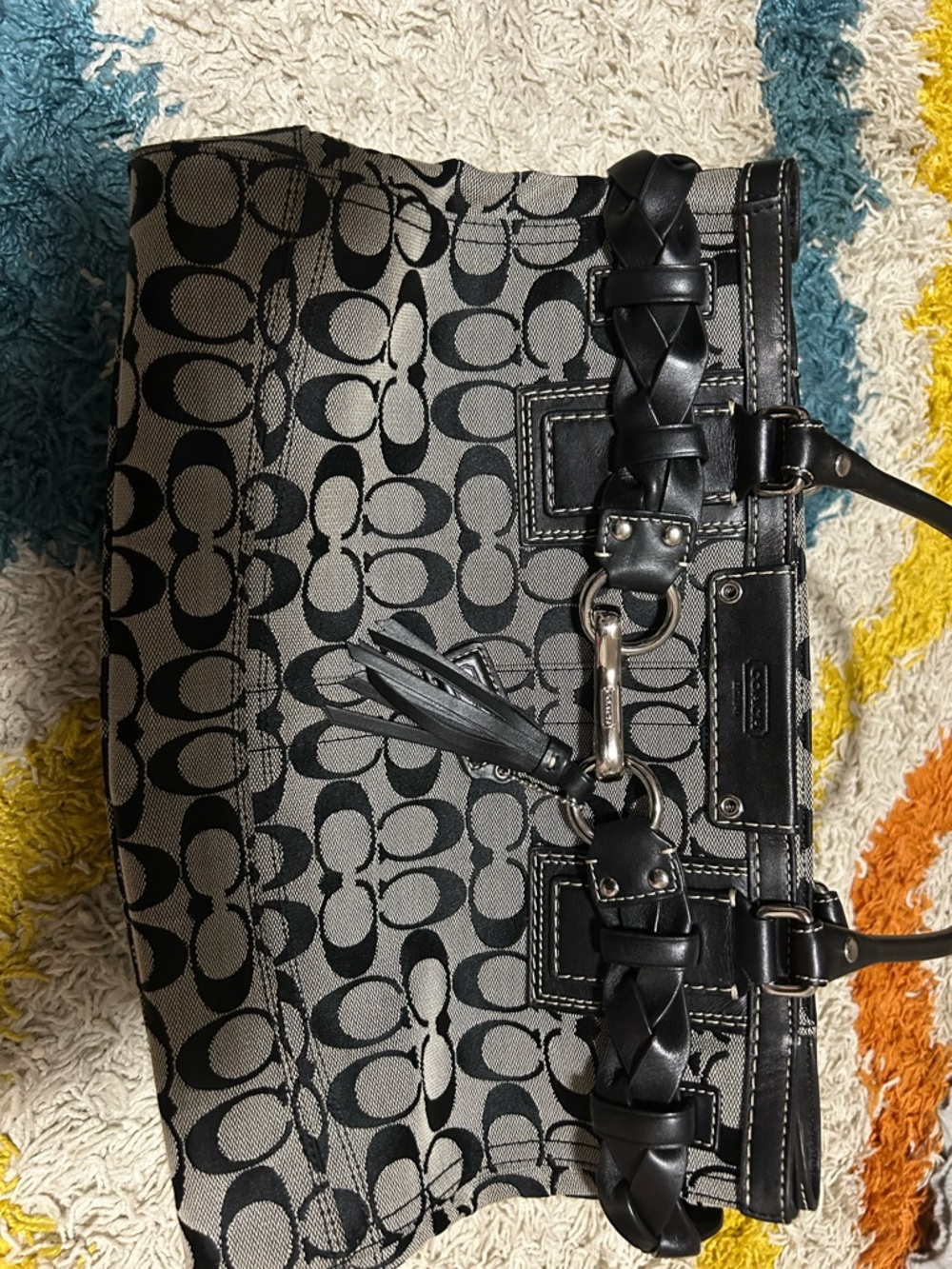 Authentic Coach Black/Gray Signature Tote Bag with Braided Leather Trim